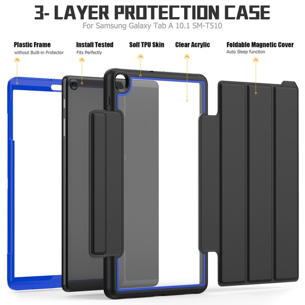 For Samsung Galaxy Tab A 10.1 (2019) T510/T515 Acrylic + TPU Horizontal Flip Smart Leather Case with Three-folding Holder & Pen Slot & Wake-up / Sleep Function(Blue+Black)