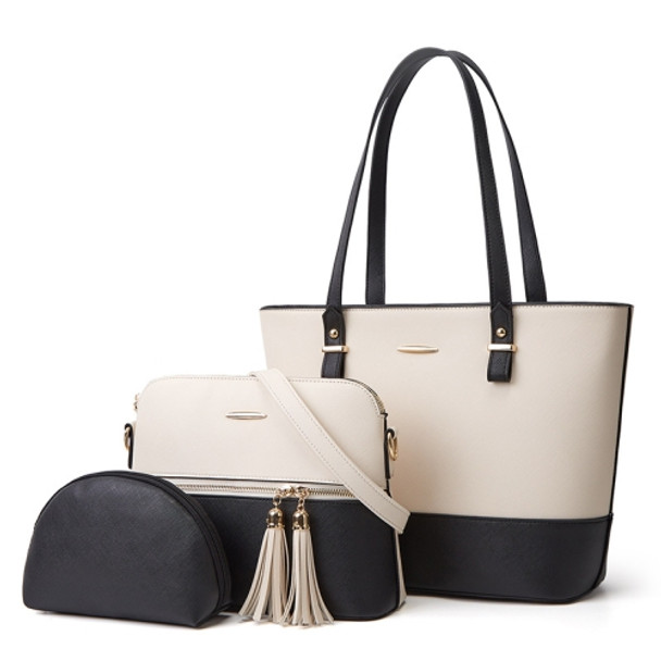 3 in 1 Fashion Simple Lady Diagonal Large Capacity Handbag Letter Bag(White + Black)