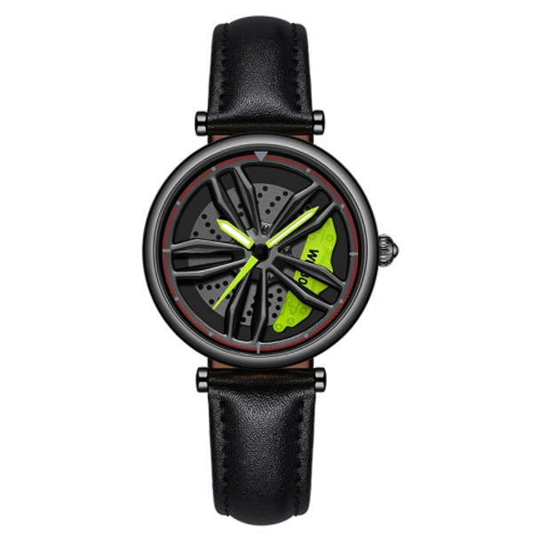 SANDA 1074 3D Hollow Out Wheel Non-rotatable Dial Quartz Watch for Women, Style:Leather Belt(Black Green)