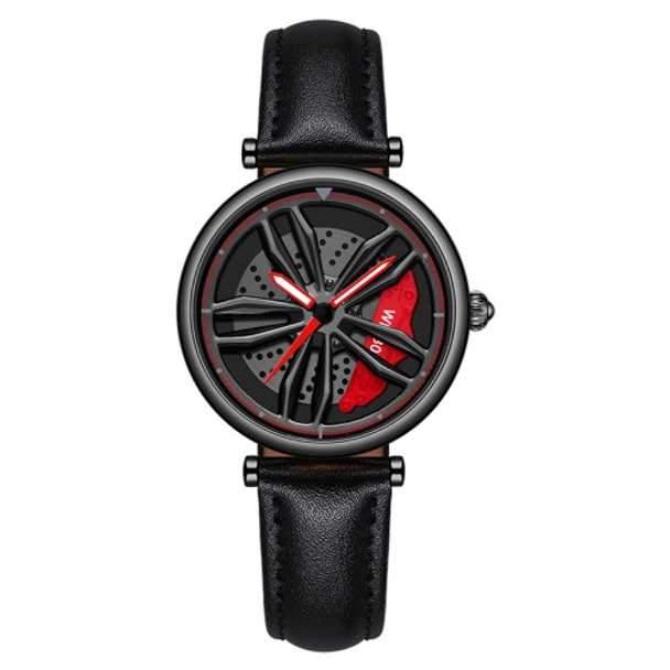 SANDA 1074 3D Hollow Out Wheel Non-rotatable Dial Quartz Watch for Women, Style:Leather Belt(Black Red)