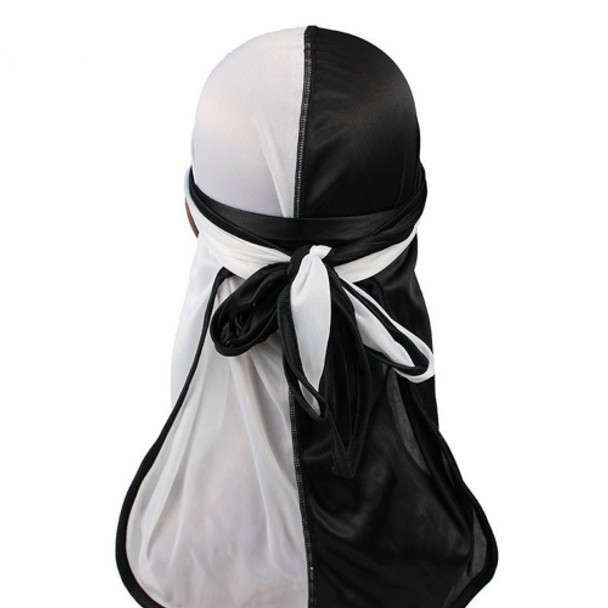 Double-coloured Silk Satin Long-tailed Pirate Hat Turban Cap Chemotherapy Cap (White + Black)