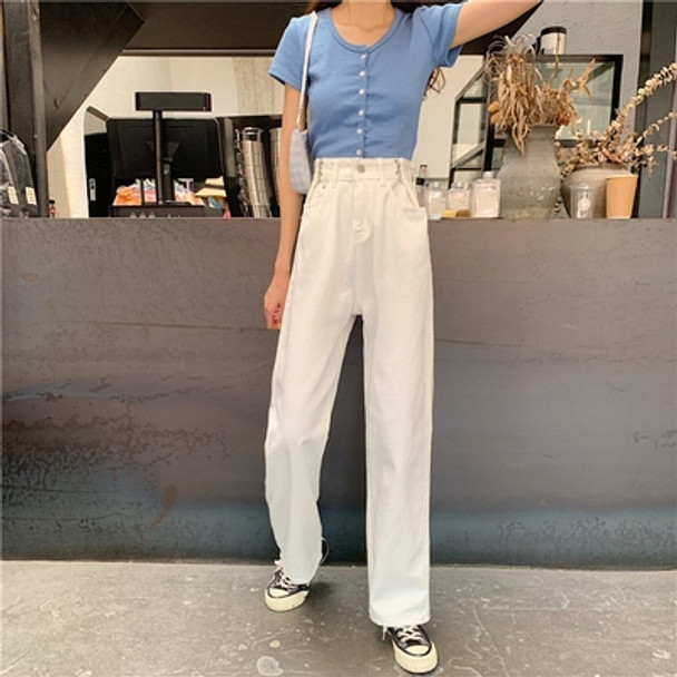 High Waist Wide Leg Pants Loose Straight Jeans, Size: L(Milky White)