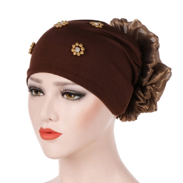 Women Personality Rear Flower Decoration Turban Hat Beaded Hooded Cap, Size:M (56-58cm)(Dark Brown)