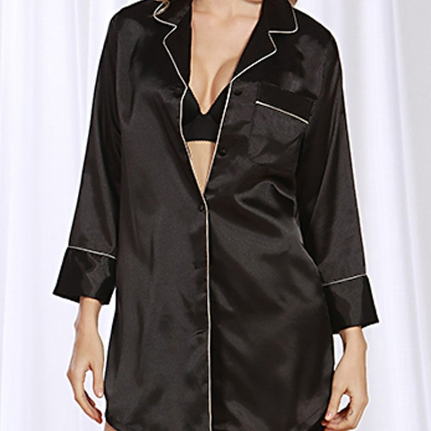 Sexy Silk Pajamas Nightgown Summer Silk Shirt (Color:Black Size:XL)