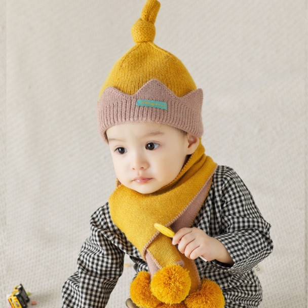 MZ9964 2 In 1 Crown Pattern Autumn And Winter Warmth Thickening Woolen Hat Baby Hat + Scarf Set(Yellow)