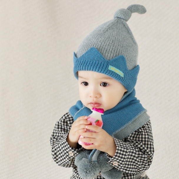 MZ9964 2 In 1 Crown Pattern Autumn And Winter Warmth Thickening Woolen Hat Baby Hat + Scarf Set(Gray+Blue)