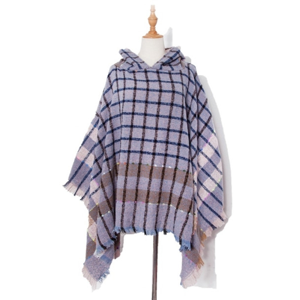 Spring Autumn Winter Checkered Pattern Hooded Cloak Shawl Scarf, Length (CM): 135cm(DP2-06 Blue)