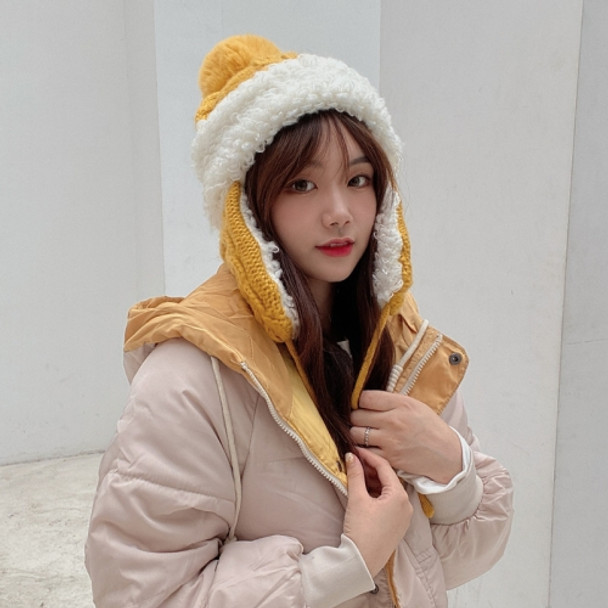 Autumn and Winter Sweet Twist Shape Ear Protection Wool Hat Warm Riding Fur Ball Knitted Hat, Colour: Yellow(Free size)