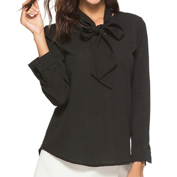 Lapel Loose Chiffon Lace Long-sleeved Blouses (Color:Black Size:S)