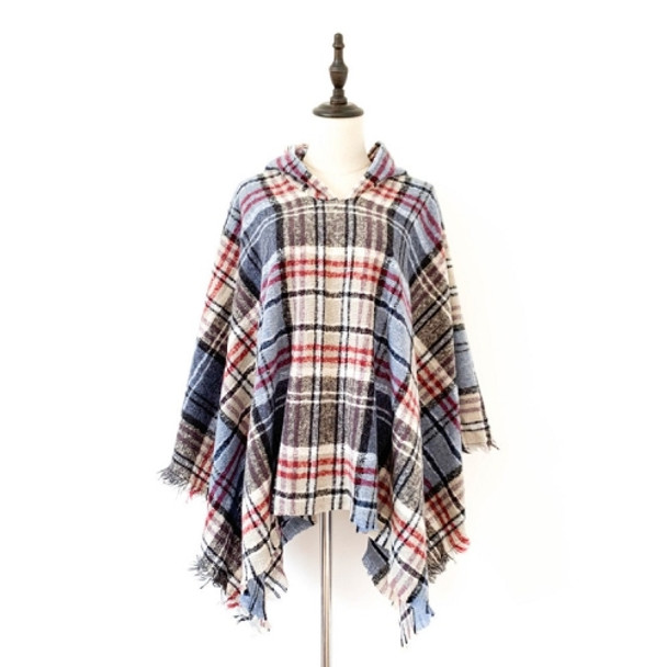 Spring Autumn Winter Checkered Pattern Hooded Cloak Shawl Scarf, Length (CM): 135cm(DP-01 Blue Red)