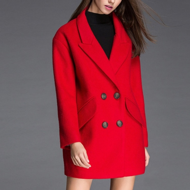 Fashion Solid Color Long-sleeved Suit Collar Wool Coat(Color:Red Size:L)