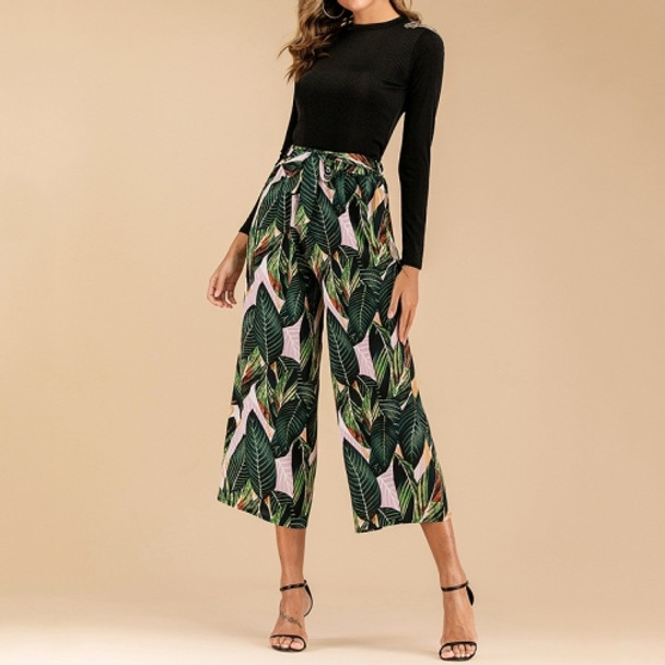 Elastic Waist Wide Leg Pants With Tropical Prints (Color:Dark Green Size:M)