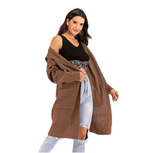 Solid Color Knitted Cardigan Long Sweater Coat (Color:Coffee Size:M)