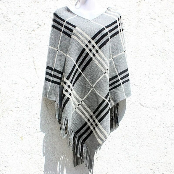 Irregular Collar Knit Cape Fringed Shawl Sweater Coat (Color:Grey Size:M)