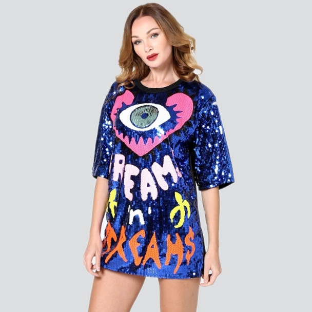 Women Love Peach Eye Clear Lettering Sequins Long Loose T-Shirt (Color:Blue Size:One Size)