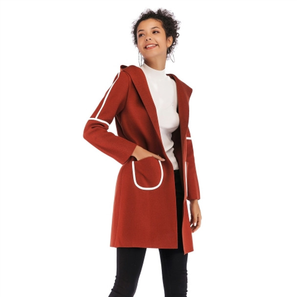 Double Pocket Long Hooded Warm Thick Woolen Coat for Women (Color:Brown Size:XL)