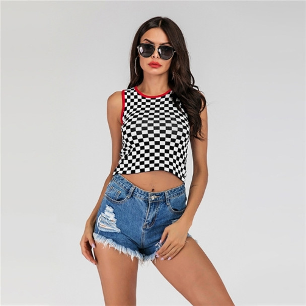 Women Color Matching Grid Knitted Strap Short Vest (Color:Black White Size:S)