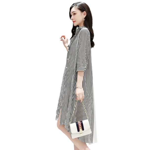 Women Casual Loose Long Chiffon Color-block Striped Bottoming Shirt (Color:Black Size:XL)