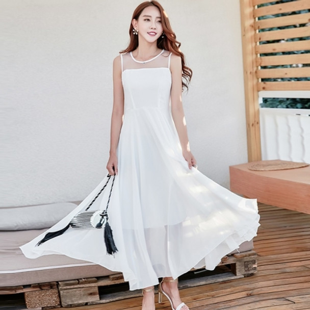 Sweet Mesh Stitching High Waist Was Thin And Big Skirt Skirt Seaside Holiday Skirt Elegant Long Skirt (Color:White Size:XL)