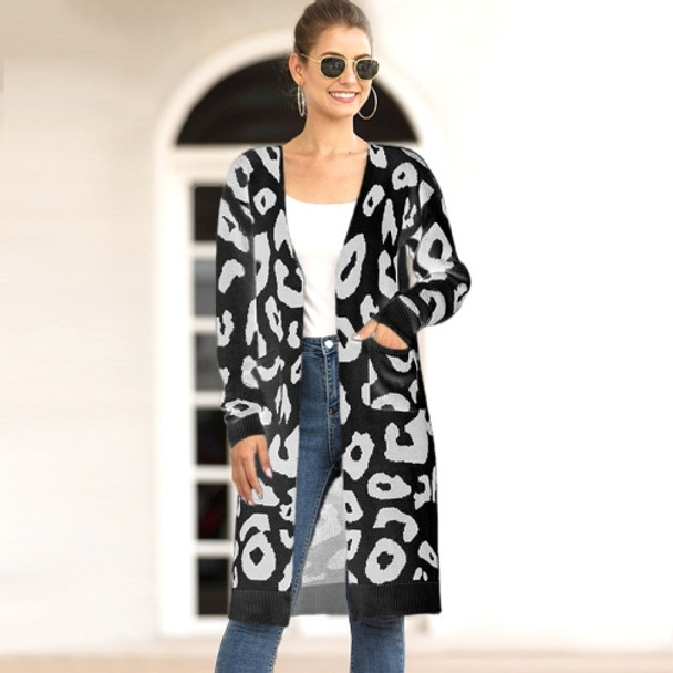 Fashion Long Style Leopard Cardigan Knit Sweater (Color:Black Size:M)
