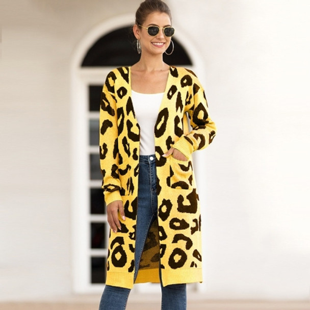 Fashion Long Style Leopard Cardigan Knit Sweater (Color:Yellow Size:S)