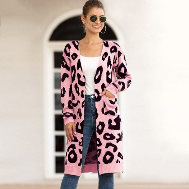 Fashion Long Style Leopard Cardigan Knit Sweater (Color:Pink Size:XL)