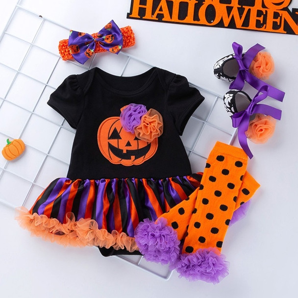 Halloween Baby Short-sleeved Cartoon Print Romper Dress Baby Mesh Dress Tutu Skirt (Color:Flower Pumpkin Size:80)