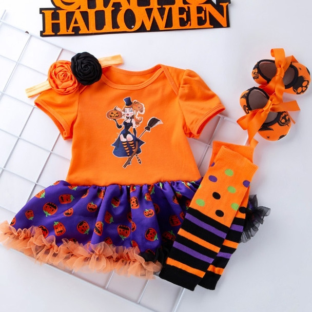 Halloween Baby Short-sleeved Cartoon Print Romper Dress Baby Mesh Dress Tutu Skirt (Color:Pumpkin Witch Size:66)