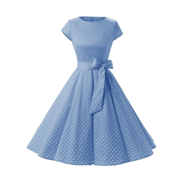 Dot Short Sleeve Mid-length Dress (Color:Light Blue Size:S)
