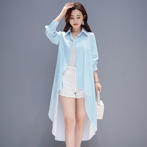 Women Mid-length Loose Striped Shirt Sun Protection Clothing (Color:Blue Size:M)