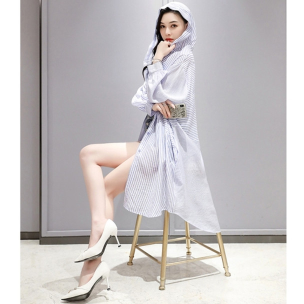 Women Stitching Striped Casual Sun Protection Coat (Color:Blue Size:M)