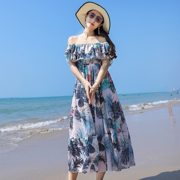 One-line Slim Slimming Printed Long Bohemian Dress Seaside Vacation Beach Skirt (Color:Blue Size:L)