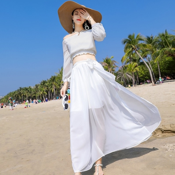 Lantern Sleeve Slim Chiffon Two-piece Dress Seaside Vacation Travel Beach Skirt (Color:White Size:M)