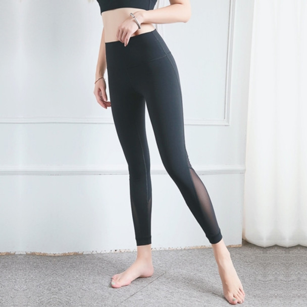 Double Sided Brocade Nude Fitness Pants Mesh Stitching High Waist Yoga Pants (Color:Black Size:L)