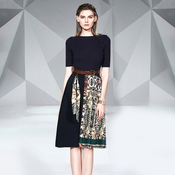 Slim Lace Up Midi-sleeve High Waist Pleated Knit Dress (Color:Black Size:M)