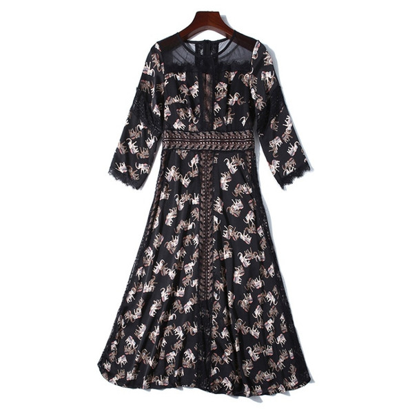 Slim-fit Printed Lace Splice Dress (Color:Black Size:L)