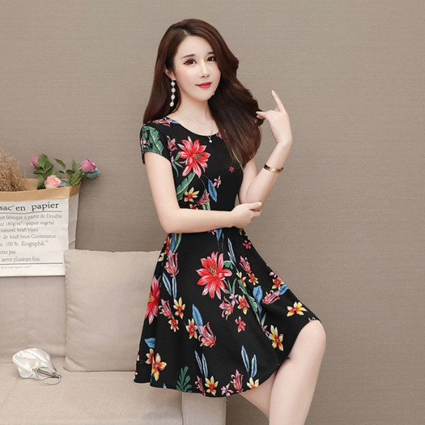 Medium Length Floral Dress Short Sleeve Printed A-line Skirt (Color:Big Red Flower Size:XXL)