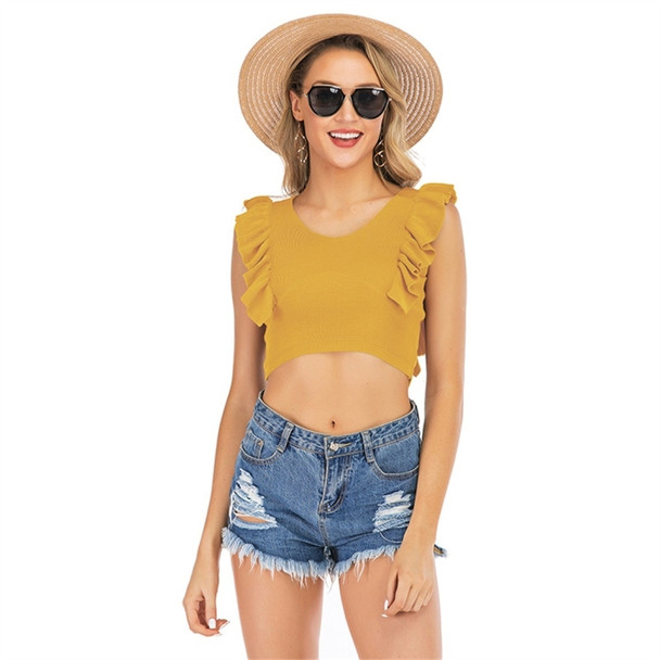 Women Ruffle Edge Slim Knitted Short Vest (Color:Yellow Size:S)