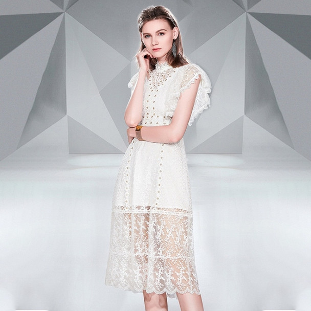 Lace Hollow Stitching Dress (Color:White Size:XXL)