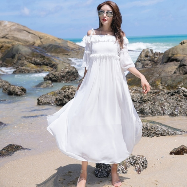 Sweet Strap Shoulder Waist Waist Split Chiffon Elegant Swing Fake Beach Long Skirt (Color:White Size:L)