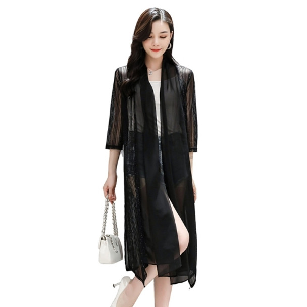 Women Splicing Mesh Sunscreen Irregular Chiffon Cardigan Coat (Color:Black Size:XXL)