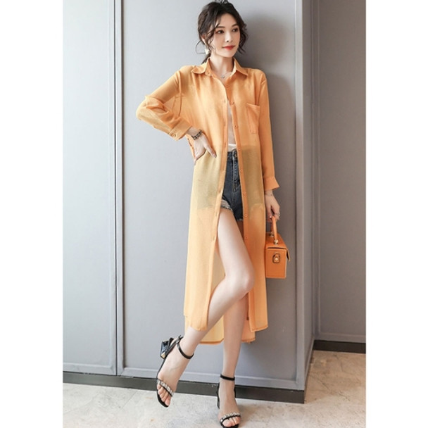 Women Chiffon Sunscreen Mid-length Cardigan Thin Coat (Color:Orange Size:XXL)