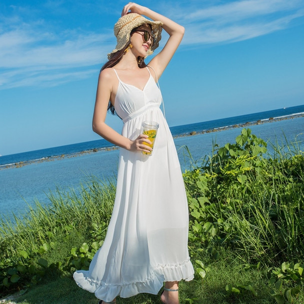 Sling Chiffon Dress Seaside Vacation Was Thin Beach Skirt Bohemian Dress (Color:White Size:M)