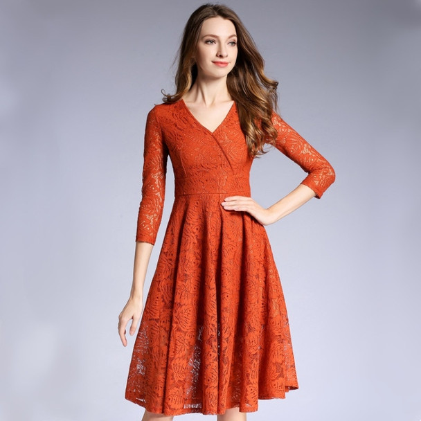 Spring V-neck Mid-length Swing-skirted Long-sleeved Lace Dress for Ladies (Color:Caramel Color Size:S)