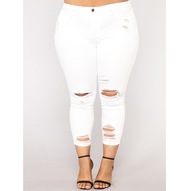 Plus Size Solid Color Frayed Casual Pants (Color:White Size:XXXL)