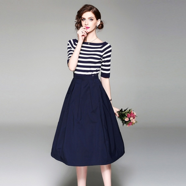 Off-shoulder Striped Knit T-shirt + Skirt Two-piece Suit (Color:Dark Blue Size:L)