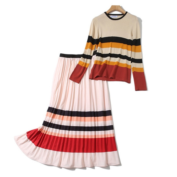 Long-sleeved Striped Sweater + Pleated Skirt Two-piece Suit (Color:As Show Size:L)