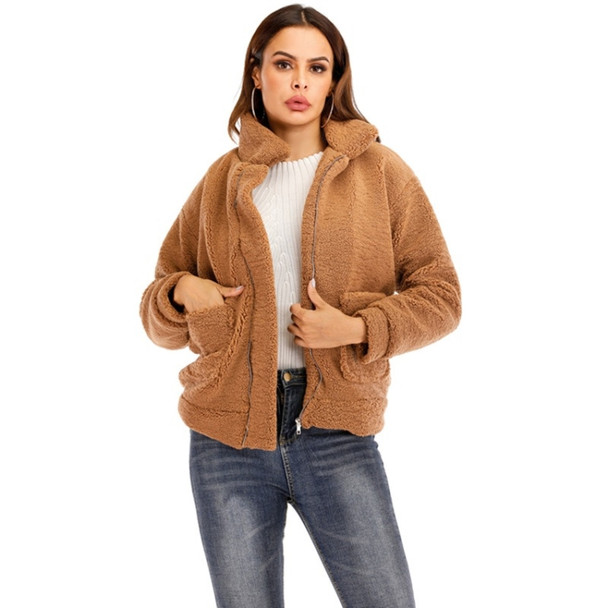 Women Solid Color Long Sleeve Plush Coat (Color:Coffee Size:L)