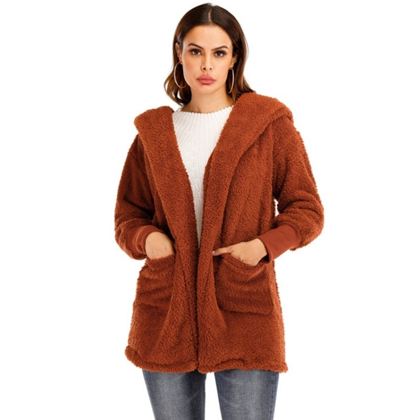 Women Fleece Hooded Jacket (Color:Brown Size:XXL)