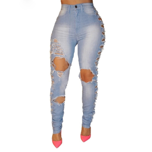 Women Denim Elastic Slim Pants (Color:Blue Size:S)